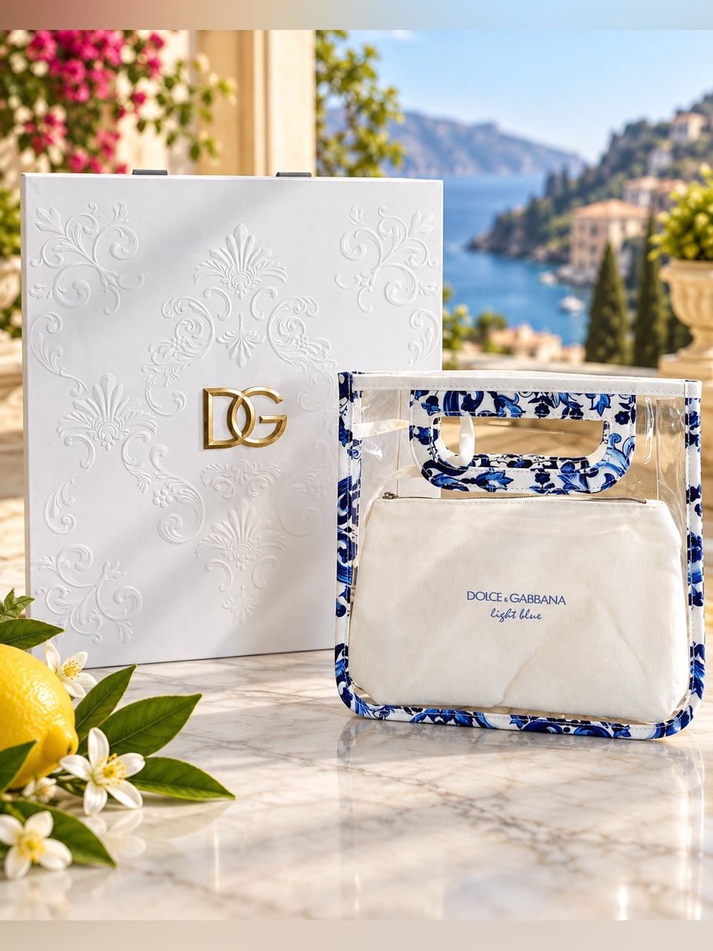 Dolce & Gabbana Clear Mini Tote with Blue Floral Trim and White Inner Pouch- GWP